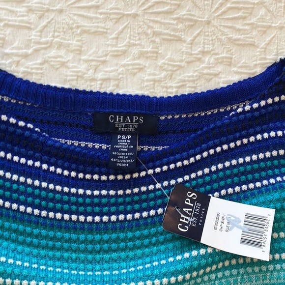 Chaps knit sleeveless top with rounded neckline in shades of teal blue & white - Picture 5 of 14